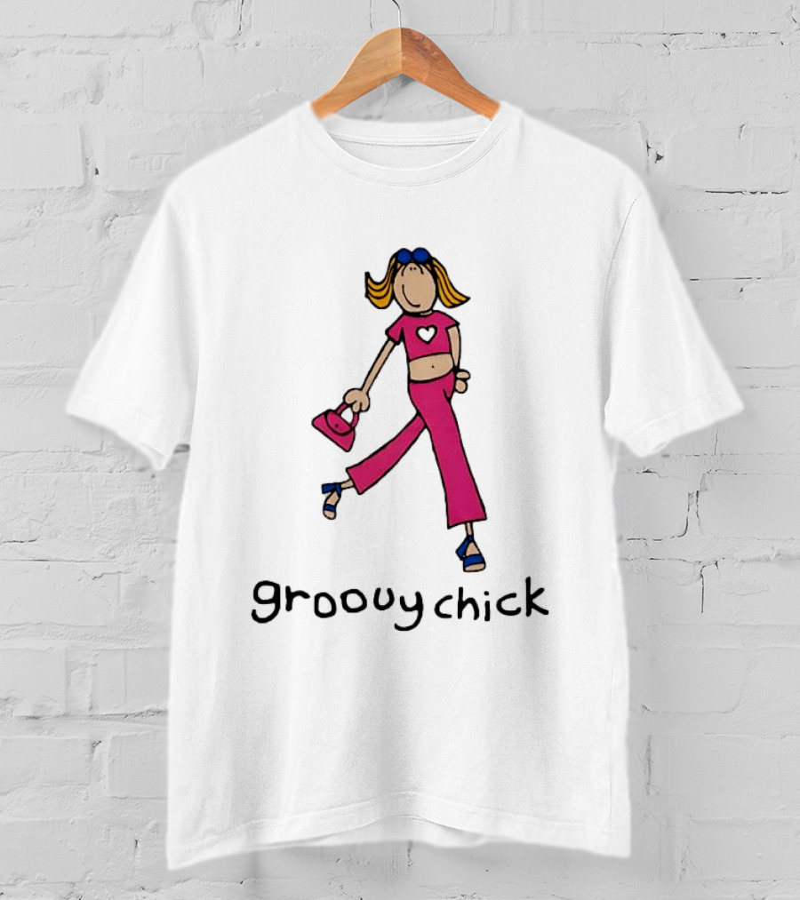 Groovy Chick Cartoon Character With Pink Heart Outfit And Bag T-Shirt