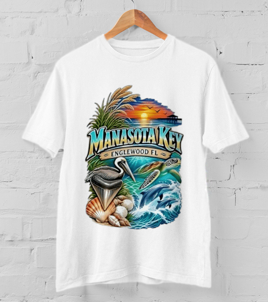 Manasota Key Englewood FL Beach Scene With Pelican Dolphins Shells And Sunset T-Shirt