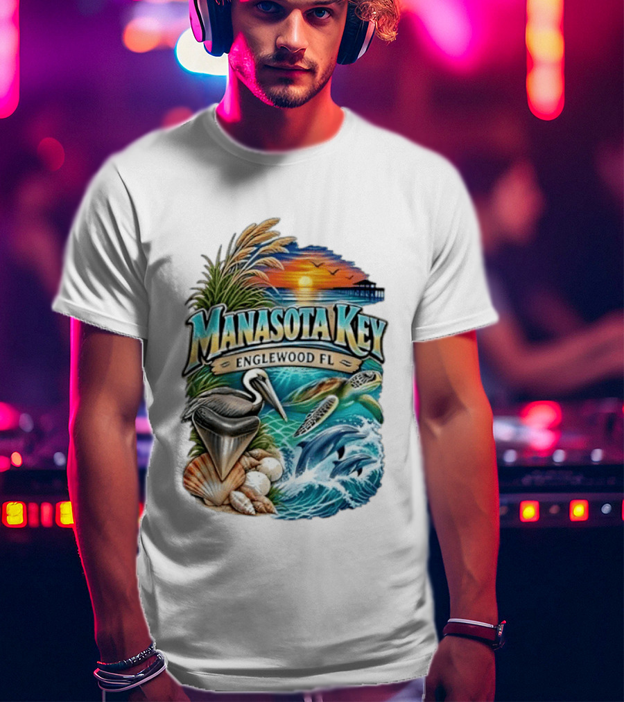 Manasota Key Englewood FL Beach Scene With Pelican Dolphins Shells And Sunset T-Shirt