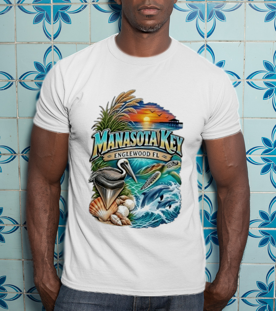 Manasota Key Englewood FL Beach Scene With Pelican Dolphins Shells And Sunset T-Shirt