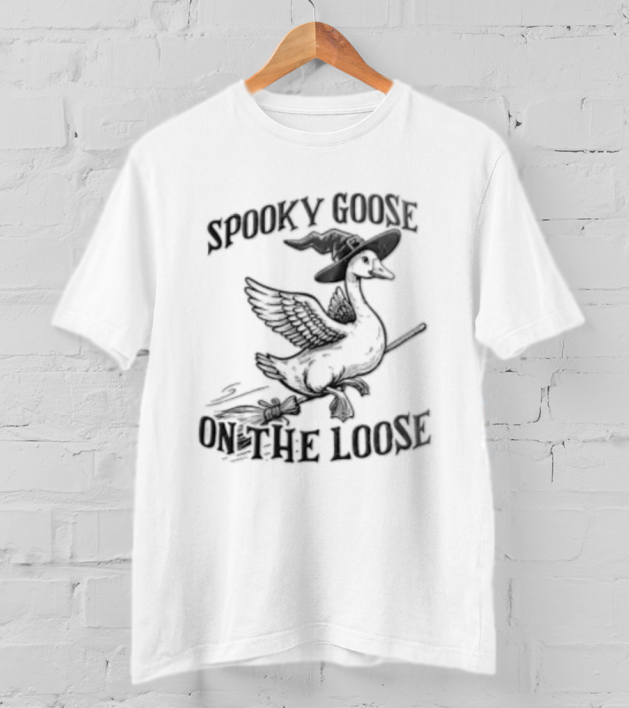 Spooky Goose On The Loose Halloween Witch Hat Broomstick T-Shirt