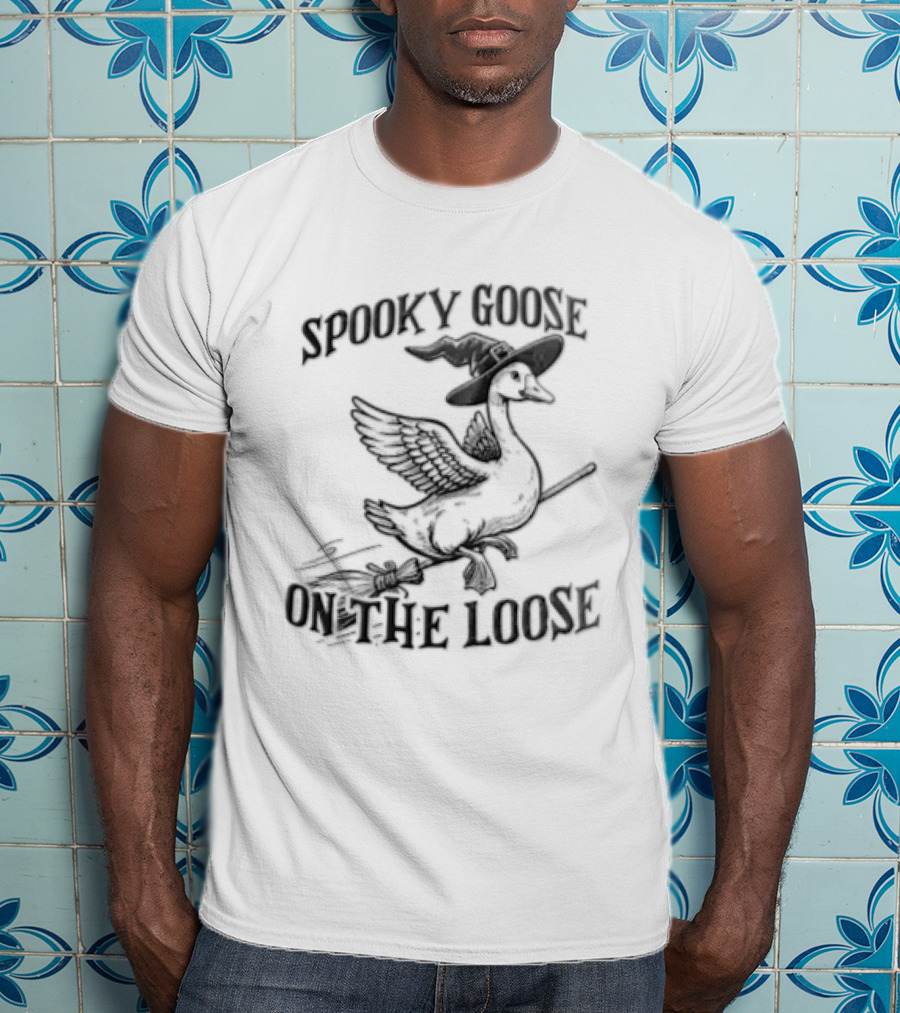 Spooky Goose On The Loose Halloween Witch Hat Broomstick T-Shirt