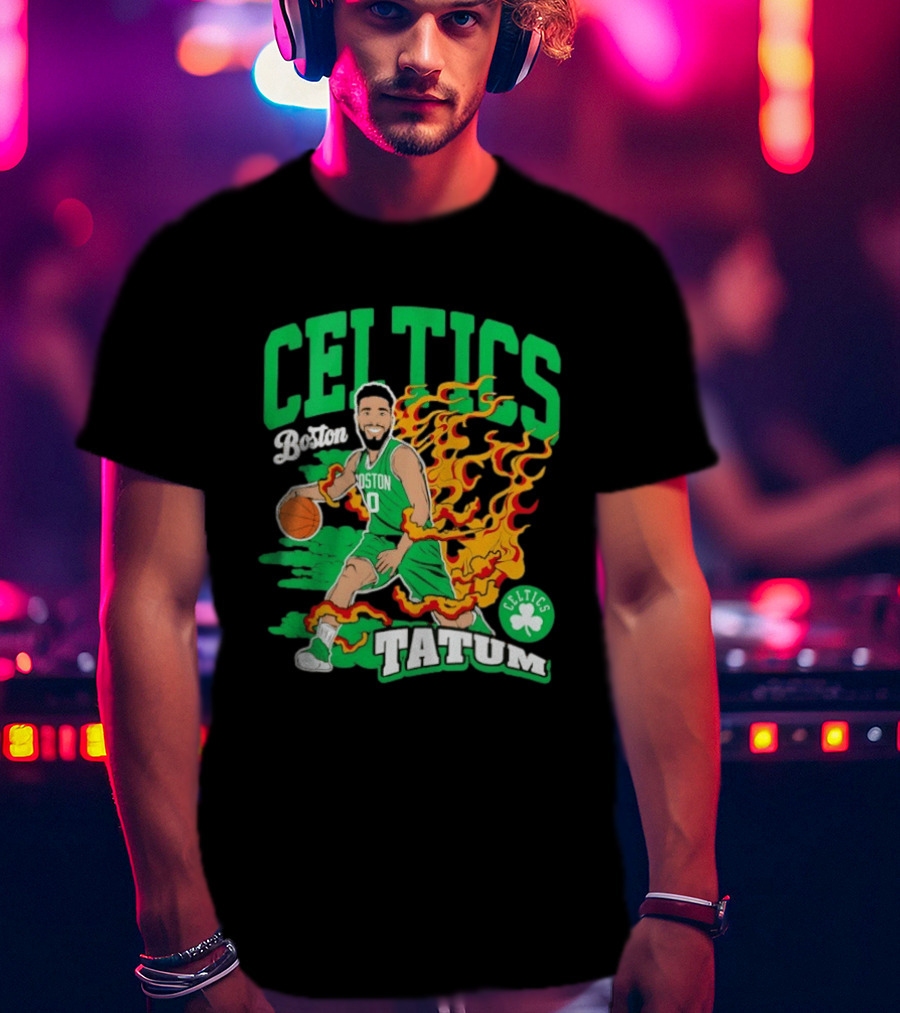 Boston Celtics Jayson Tatum Fired Up Basketball Flames T-Shirt