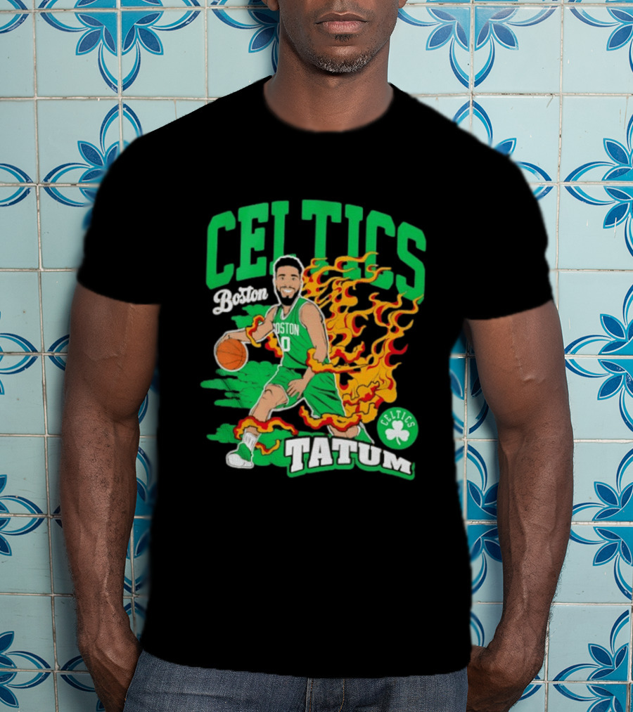 Boston Celtics Jayson Tatum Fired Up Basketball Flames T-Shirt