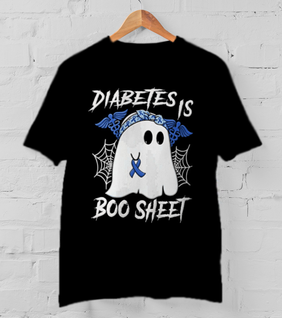 Diabetes IS BOO Sheet Ghost With Blue Ribbon Headband Halloween T-Shirt