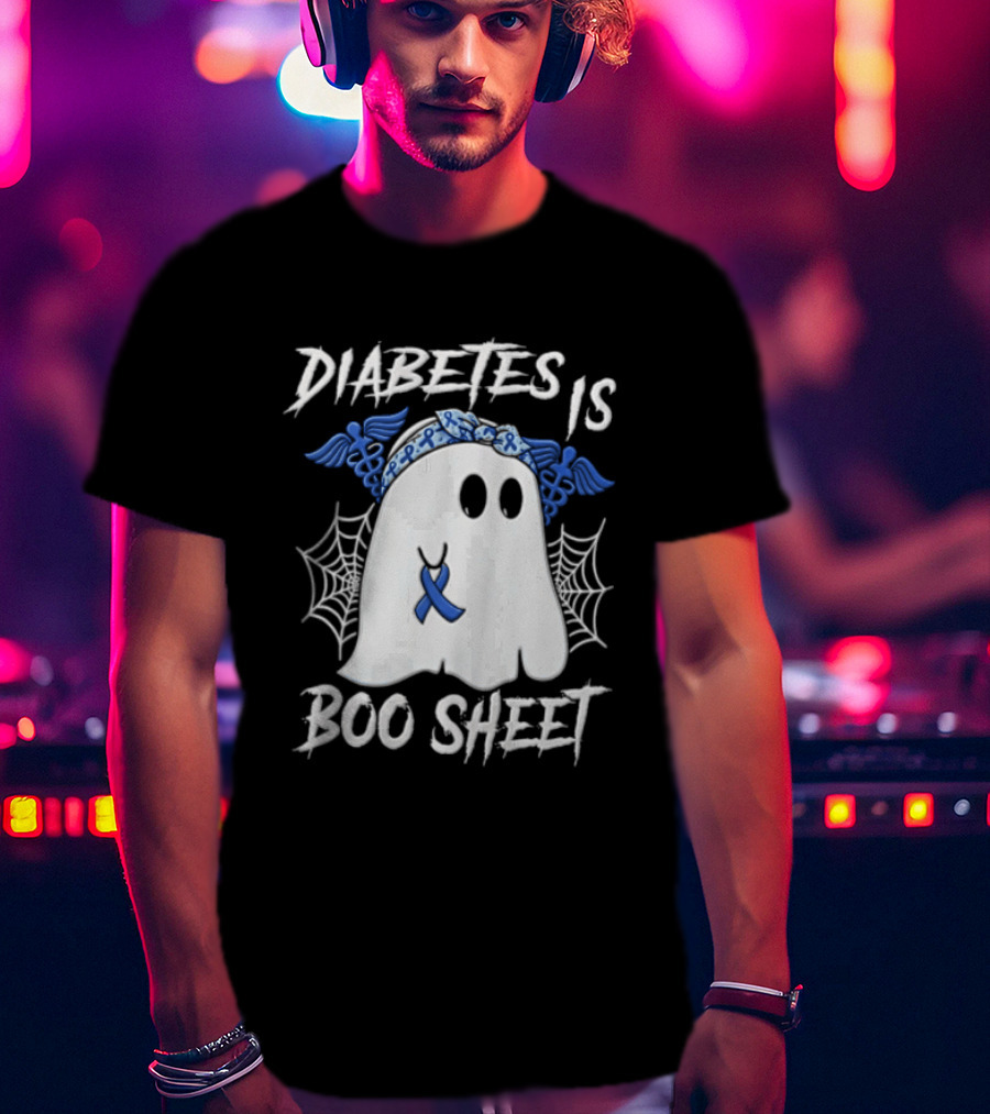 Diabetes IS BOO Sheet Ghost With Blue Ribbon Headband Halloween T-Shirt