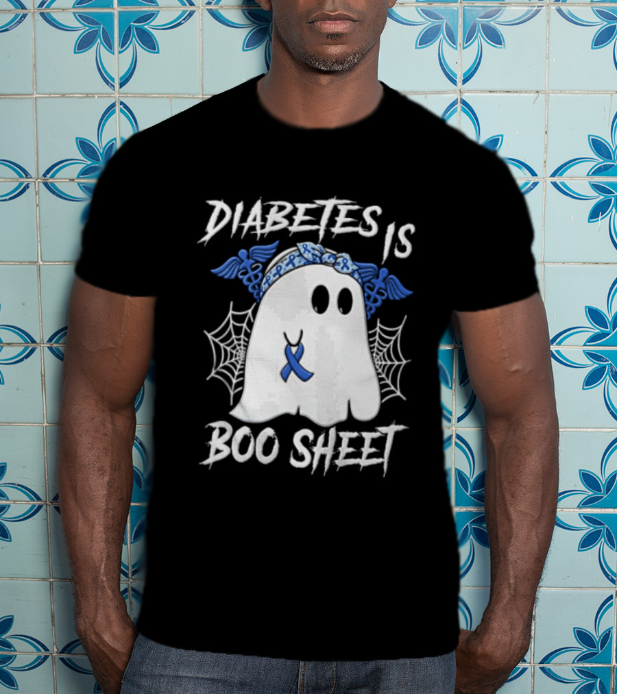 Diabetes IS BOO Sheet Ghost With Blue Ribbon Headband Halloween T-Shirt