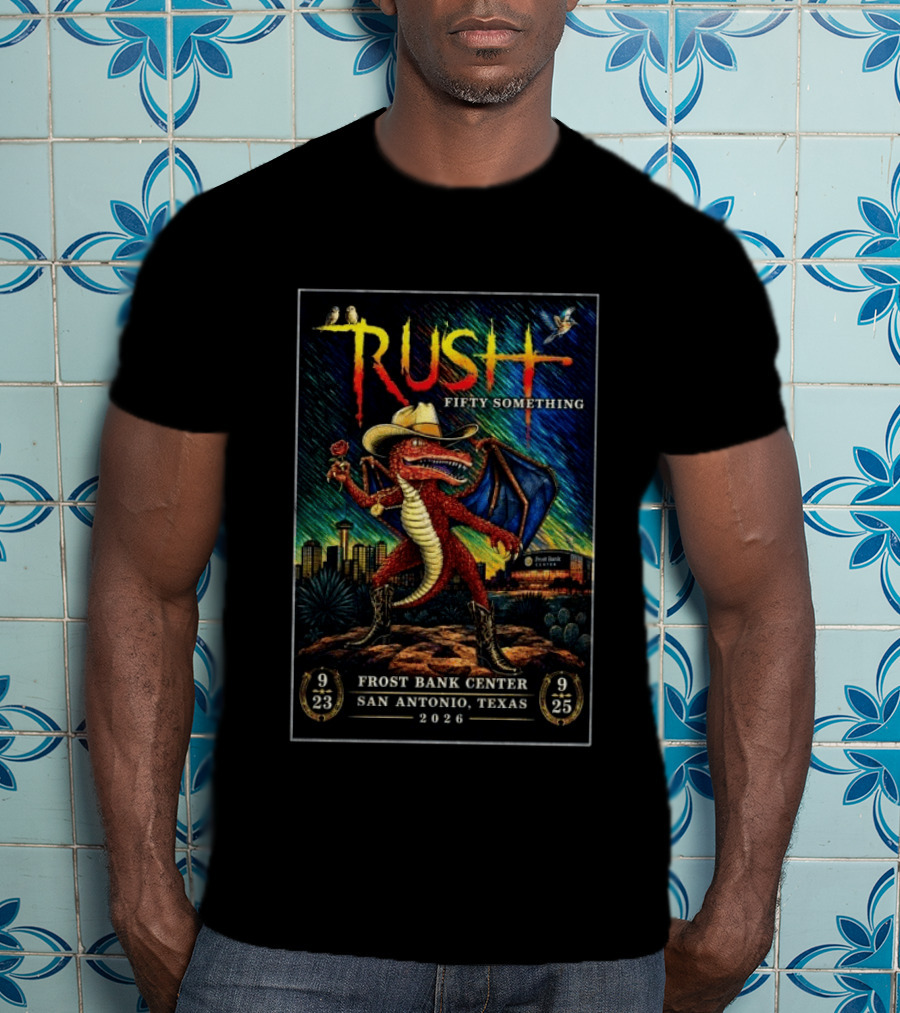 Rush Fifty Something Tour 2026 San Antonio Frost Bank Center Dragon T-Shirt