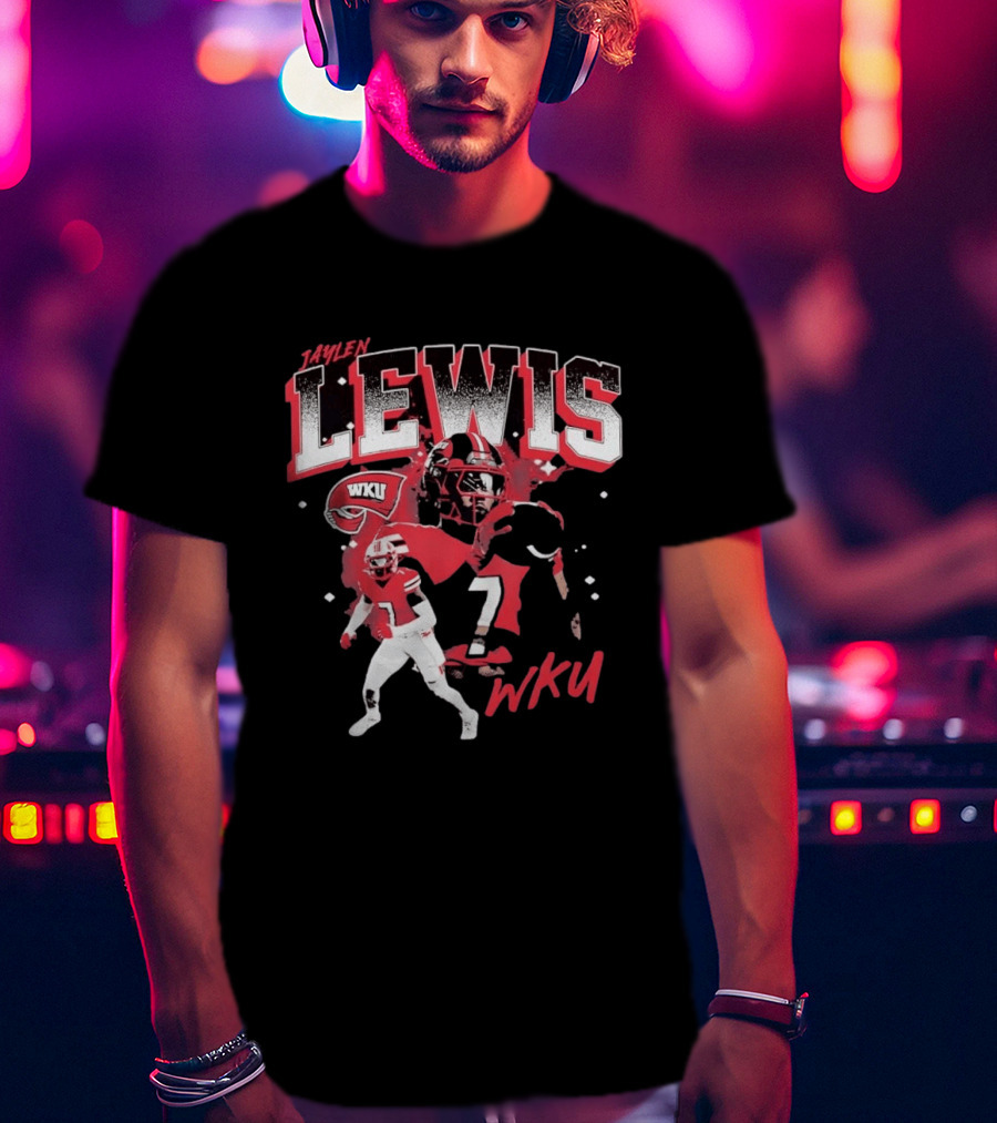 Jaylen Lewis No 7 WKU Football Helmet And Player Action T-Shirt