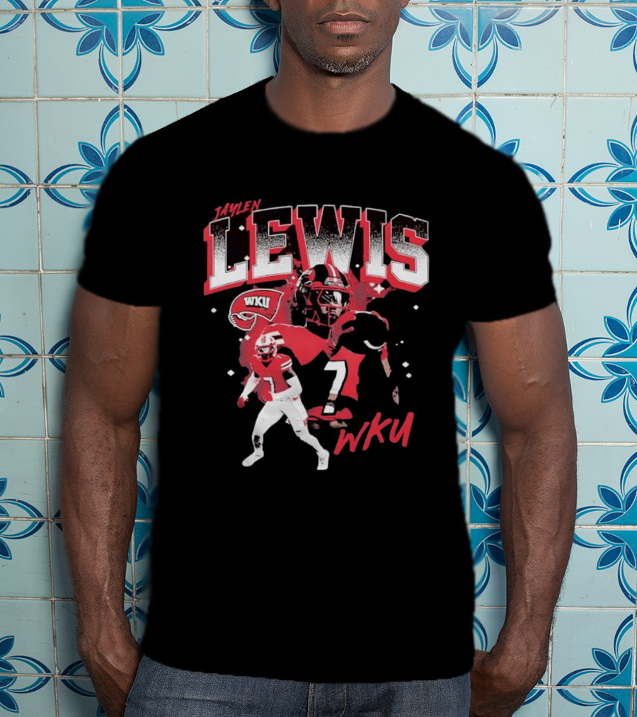 Jaylen Lewis No 7 WKU Football Helmet And Player Action T-Shirt