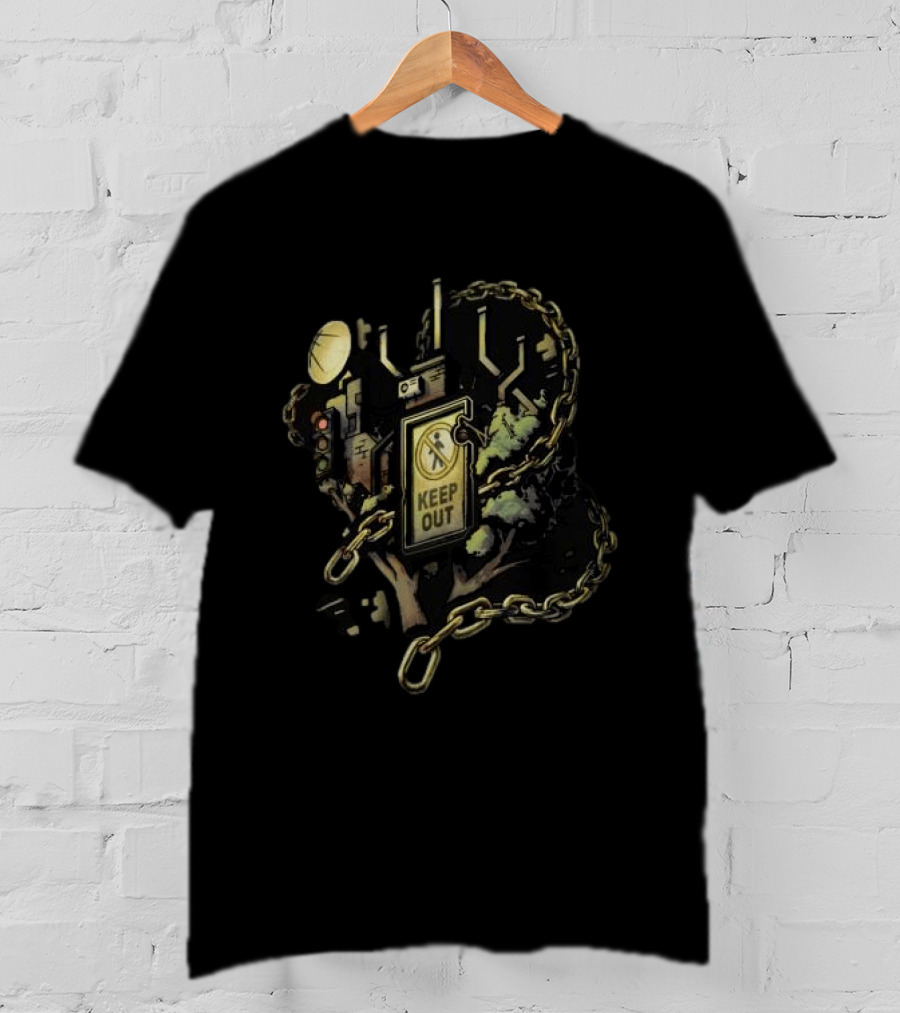 Mindcap Store Heliopolis Keep Out Sign With Chains And Urban Landscape T-Shirt
