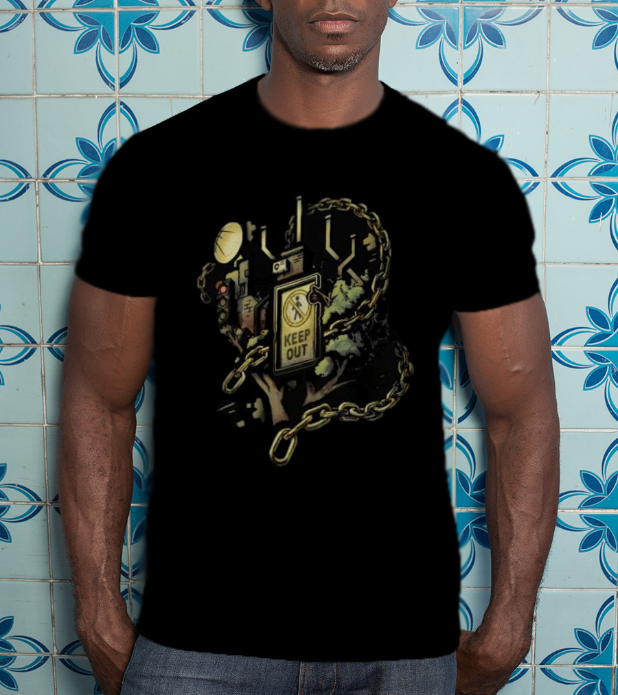 Mindcap Store Heliopolis Keep Out Sign With Chains And Urban Landscape T-Shirt