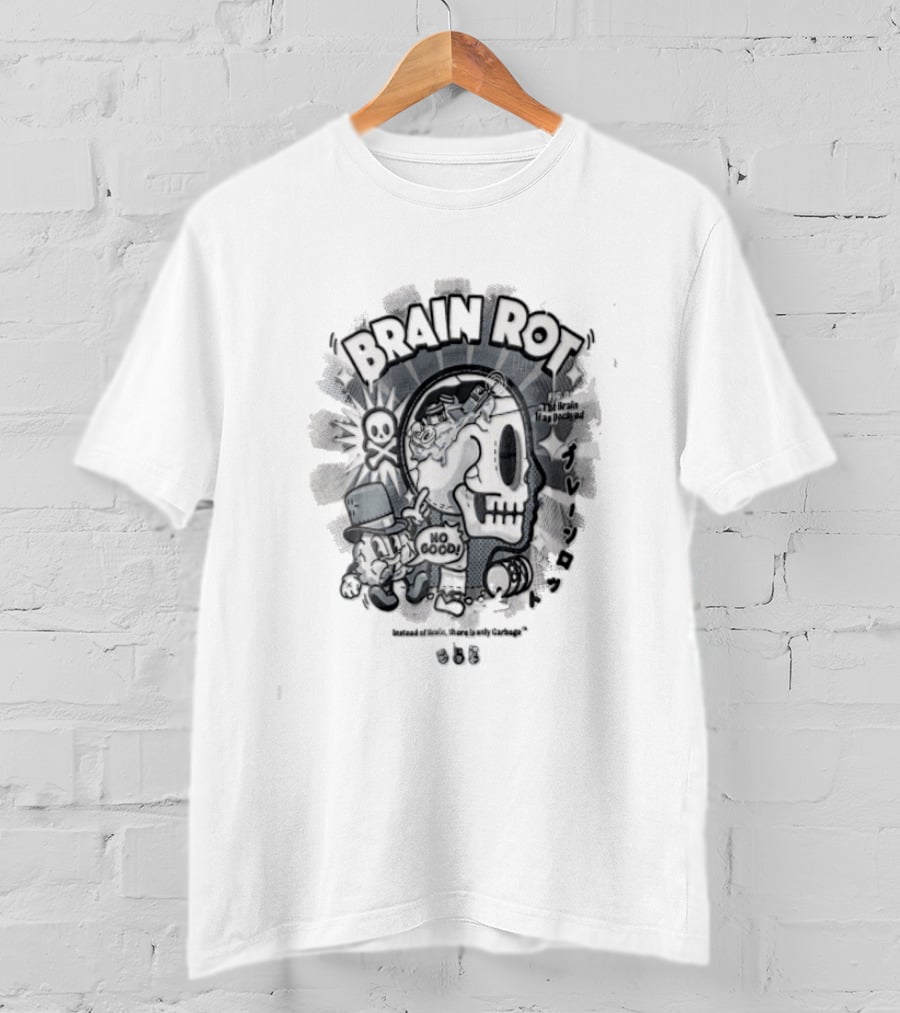 BRAIN ROT Skull Top Hat No Good Text Vintage Cartoon T-Shirt