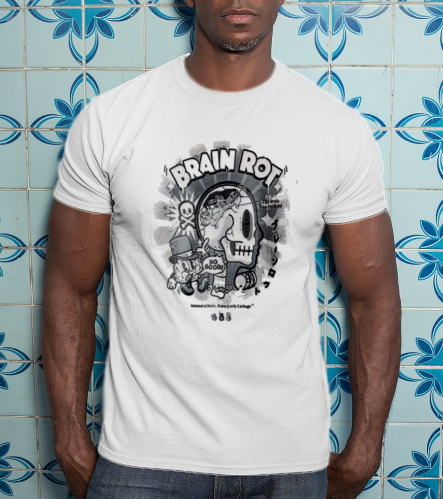 BRAIN ROT Skull Top Hat No Good Text Vintage Cartoon T-Shirt