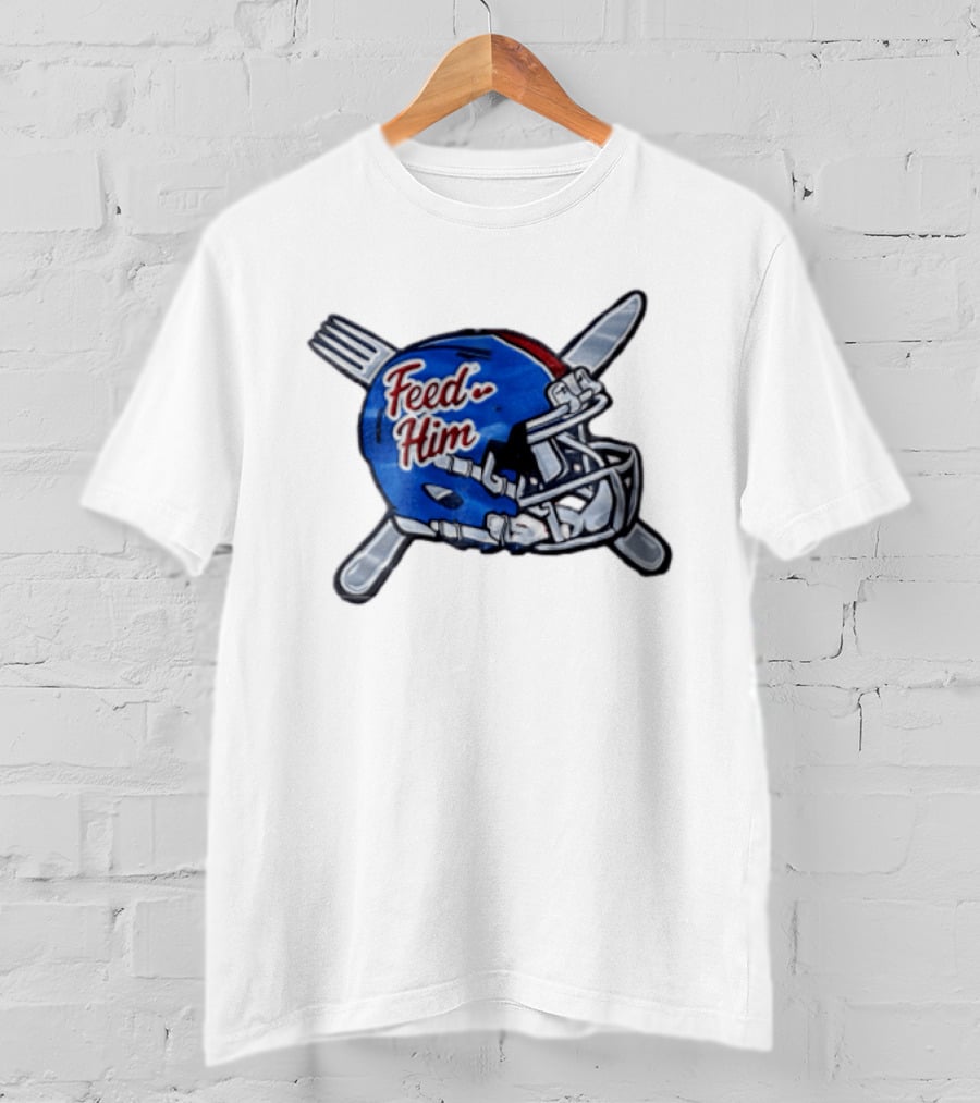 Feed Him Blue Football Helmet Crossed Utensils Fork Knife T-Shirt