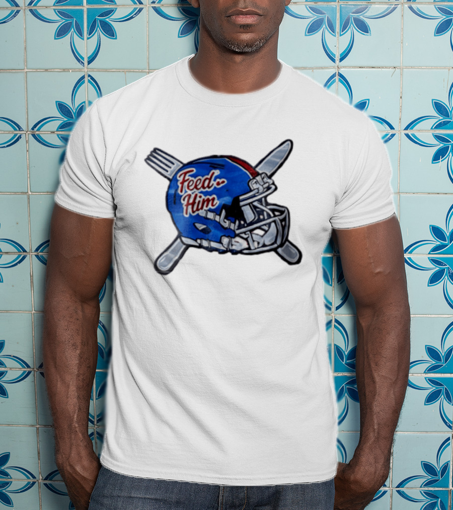 Feed Him Blue Football Helmet Crossed Utensils Fork Knife T-Shirt