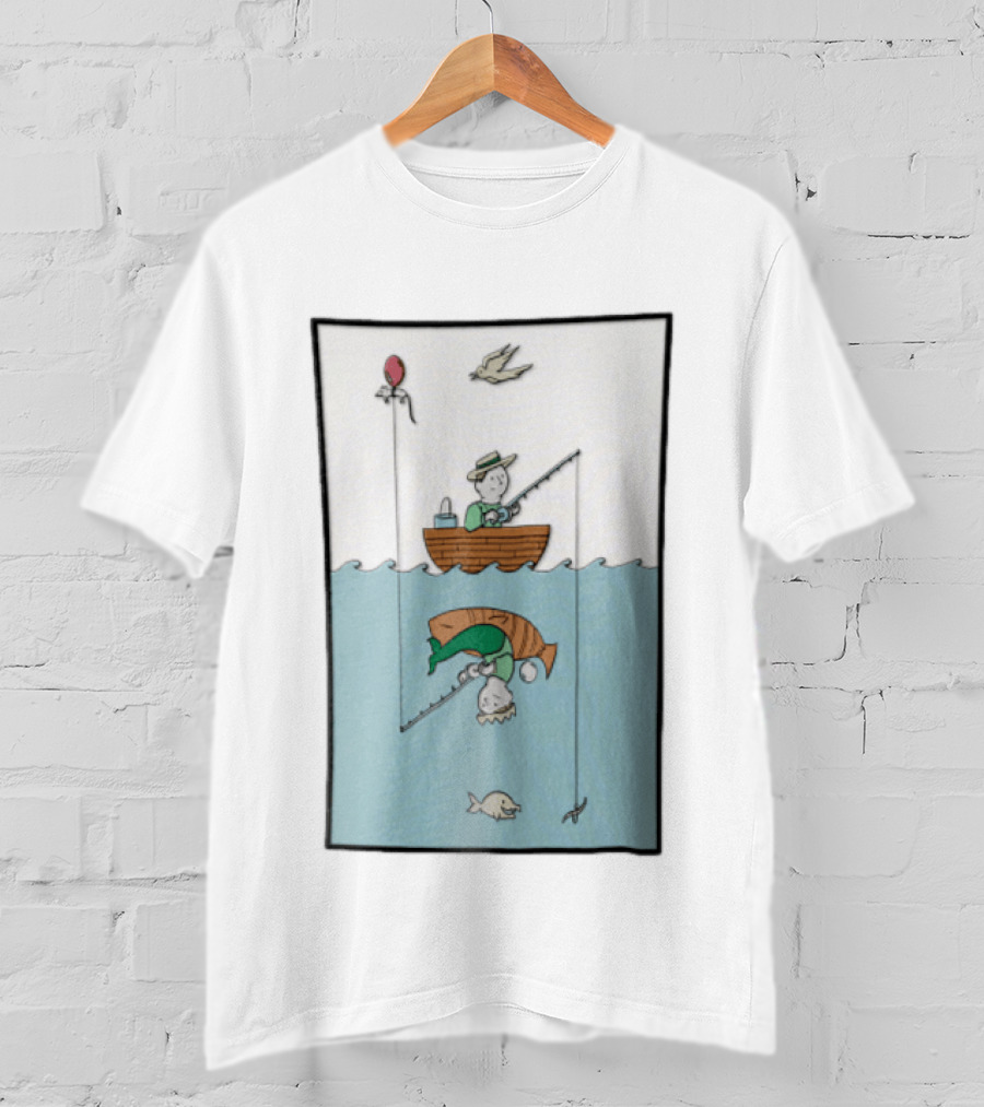 Fisherman In Boat Catching Hidden Mermaid With Fishing Line T-Shirt