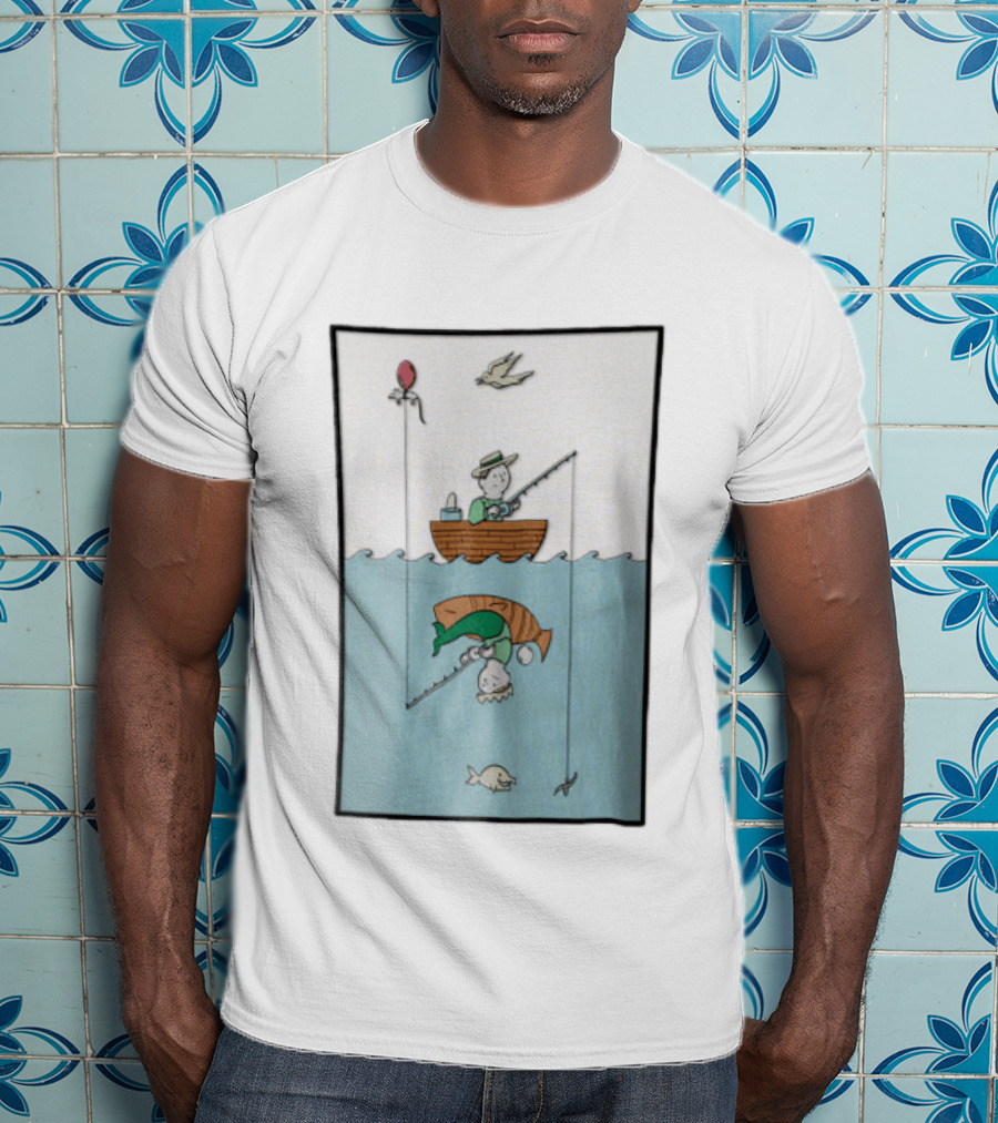 Fisherman In Boat Catching Hidden Mermaid With Fishing Line T-Shirt