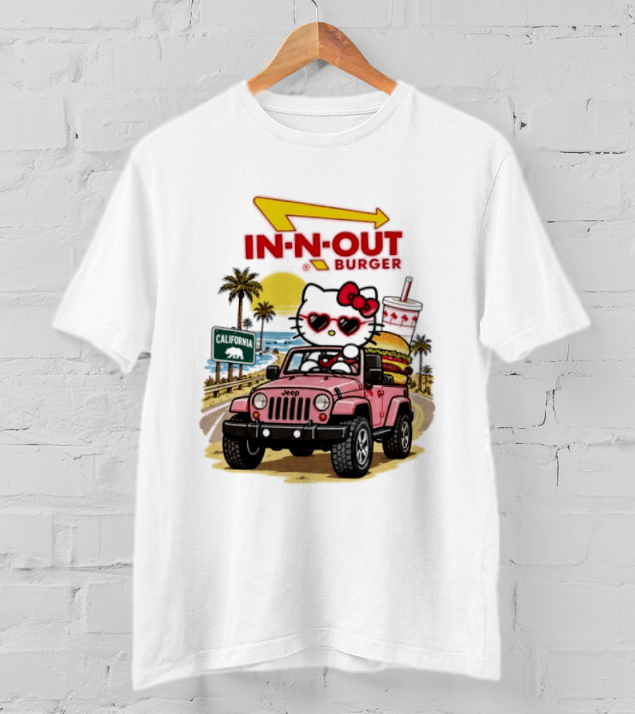 Hello Kitty In Pink Jeep With In N Out Burger California Adventure T-Shirt