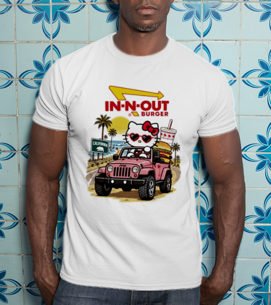 Hello Kitty In Pink Jeep With In N Out Burger California Adventure T-Shirt