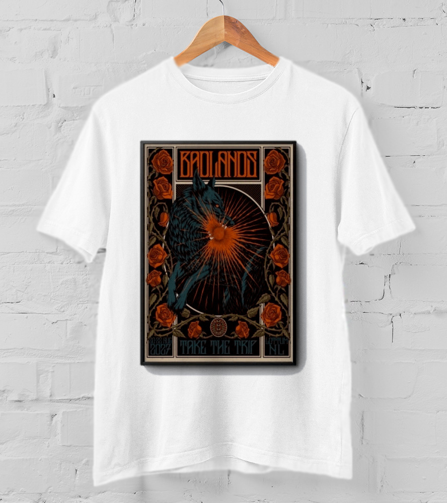 BADLANDS Festival Aug 20 22 2027 Take The Trip Stokterweg 14 Lottum Netherlands Retro Wolf And Roses T-Shirt