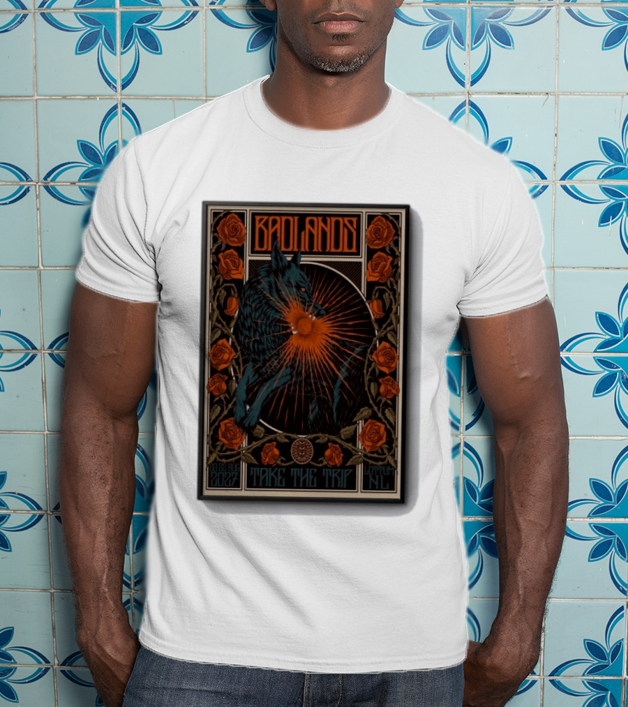 BADLANDS Festival Aug 20 22 2027 Take The Trip Stokterweg 14 Lottum Netherlands Retro Wolf And Roses T-Shirt