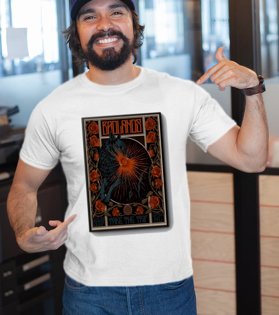 BADLANDS Festival Aug 20 22 2027 Take The Trip Stokterweg 14 Lottum Netherlands Retro Wolf And Roses T-Shirt