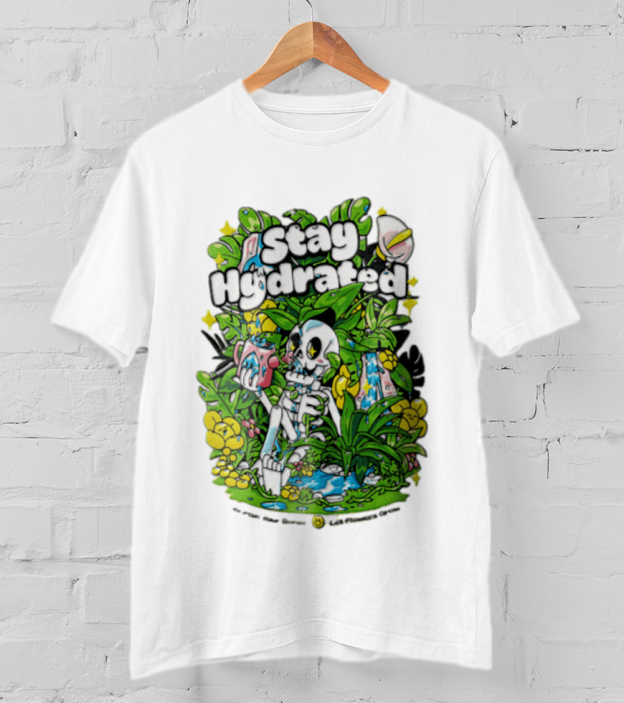 Stay Hydrated Quirky Skeleton Watering Lush Greenery And Flowers T-Shirt