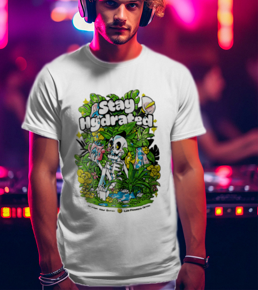 Stay Hydrated Quirky Skeleton Watering Lush Greenery And Flowers T-Shirt