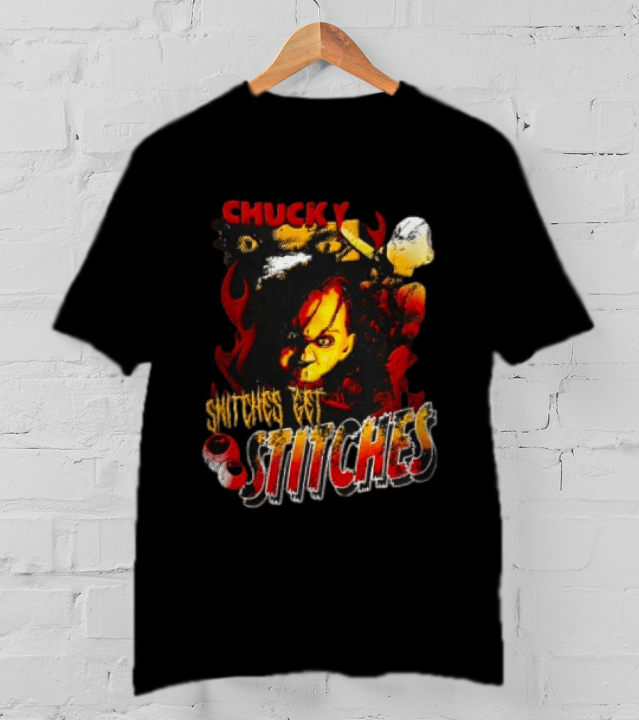 Chucky Snitches Get Stitches Horror Doll With Knife And Eyeballs T-Shirt