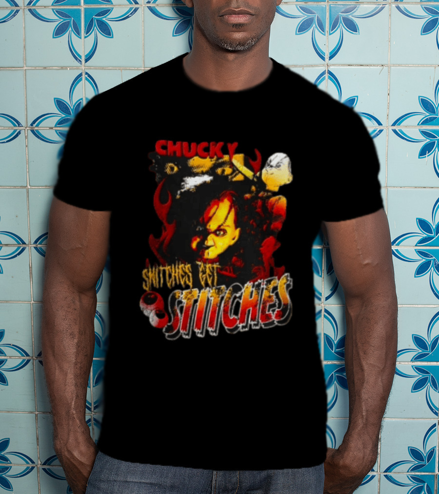 Chucky Snitches Get Stitches Horror Doll With Knife And Eyeballs T-Shirt