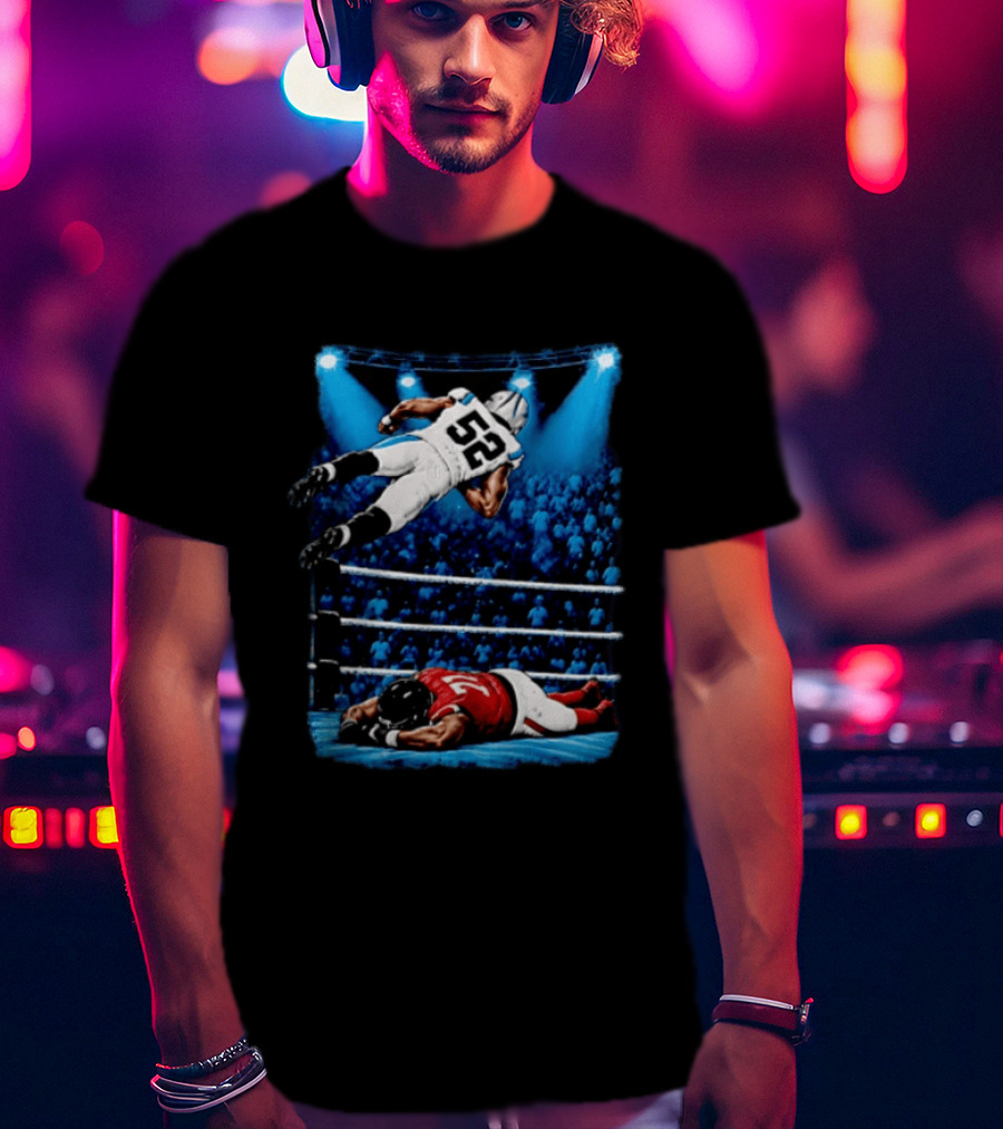 Football Player 52 Jumping Over Opponent In Wrestling Ring Spotlight Crowd T-Shirt