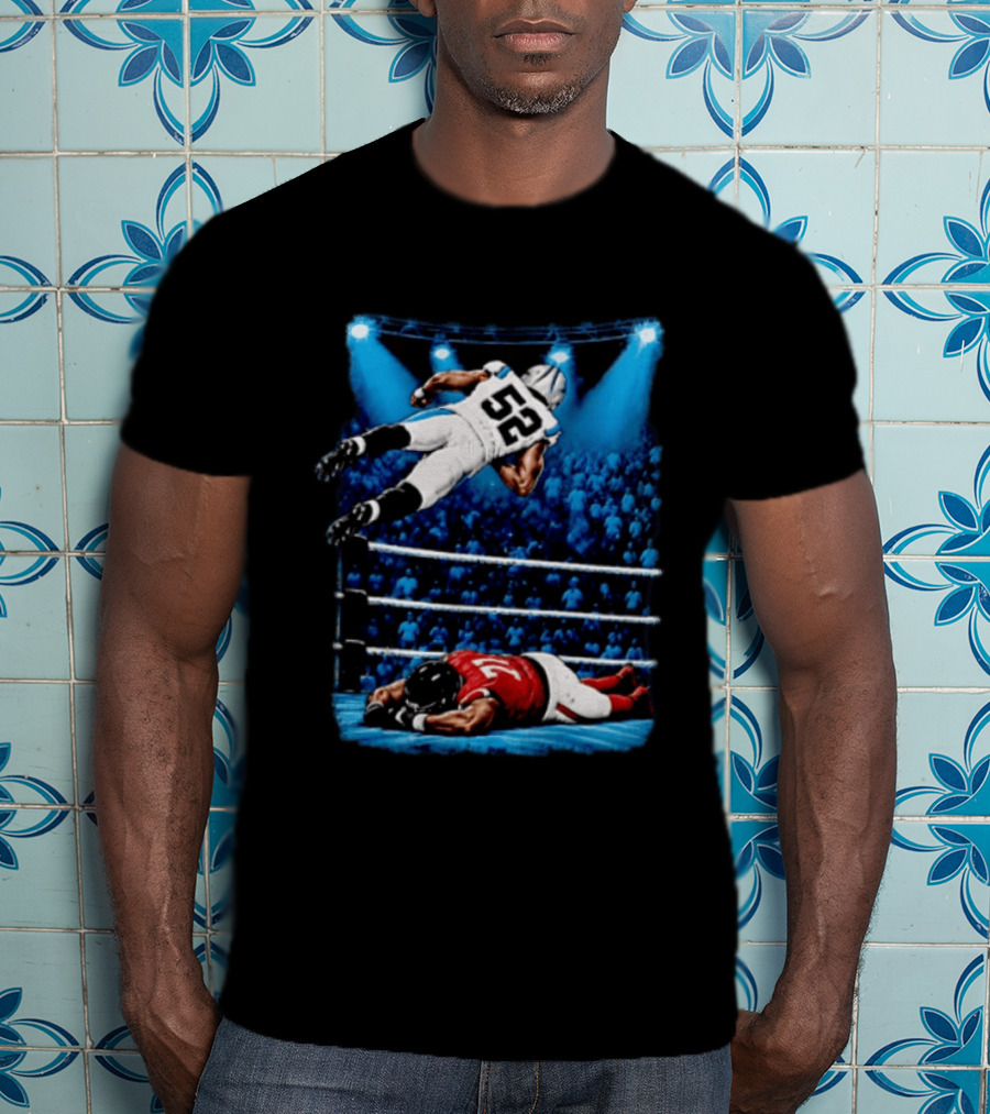 Football Player 52 Jumping Over Opponent In Wrestling Ring Spotlight Crowd T-Shirt