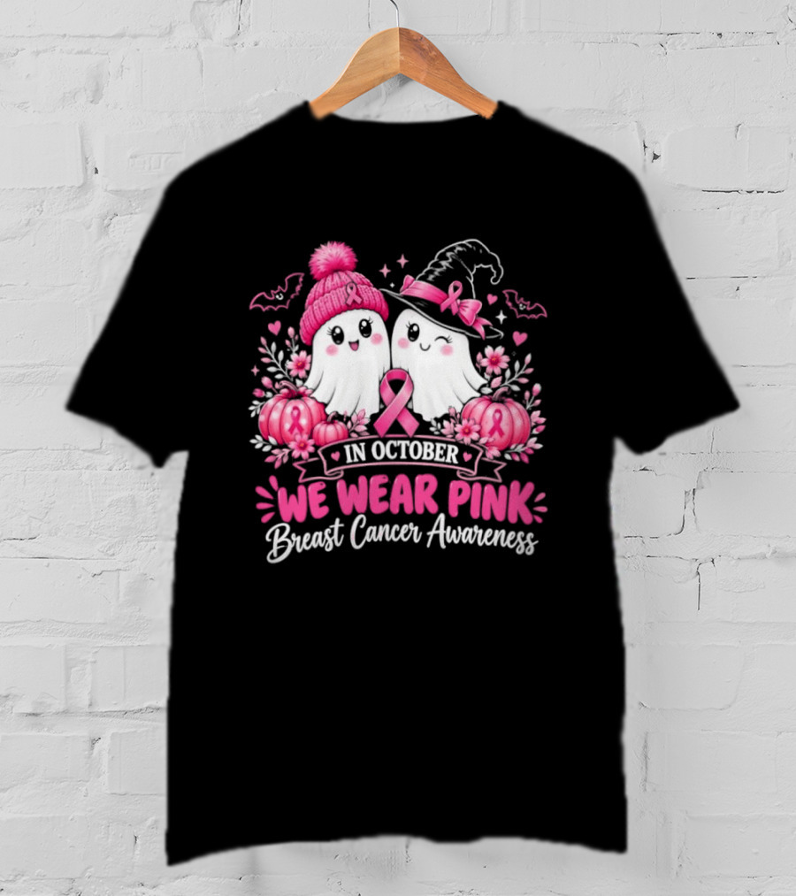 In October We Wear Pink Breast Cancer Awareness Ghost Pumpkin Witch T-Shirt