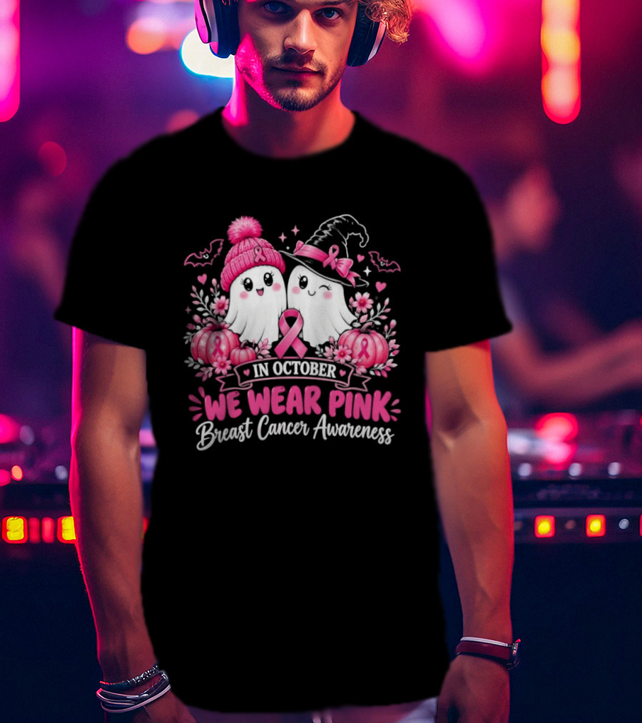 In October We Wear Pink Breast Cancer Awareness Ghost Pumpkin Witch T-Shirt