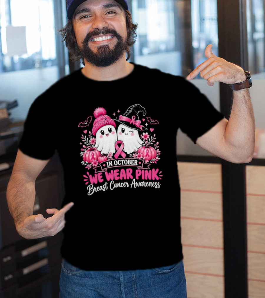In October We Wear Pink Breast Cancer Awareness Ghost Pumpkin Witch T-Shirt