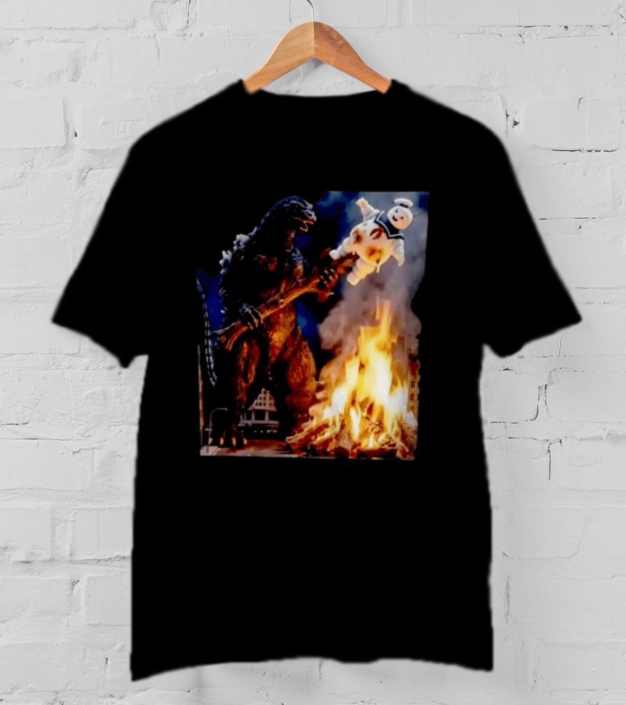 Kaiju Campfire Godzilla Holding Stay Puft Marshmallow Man T-Shirt