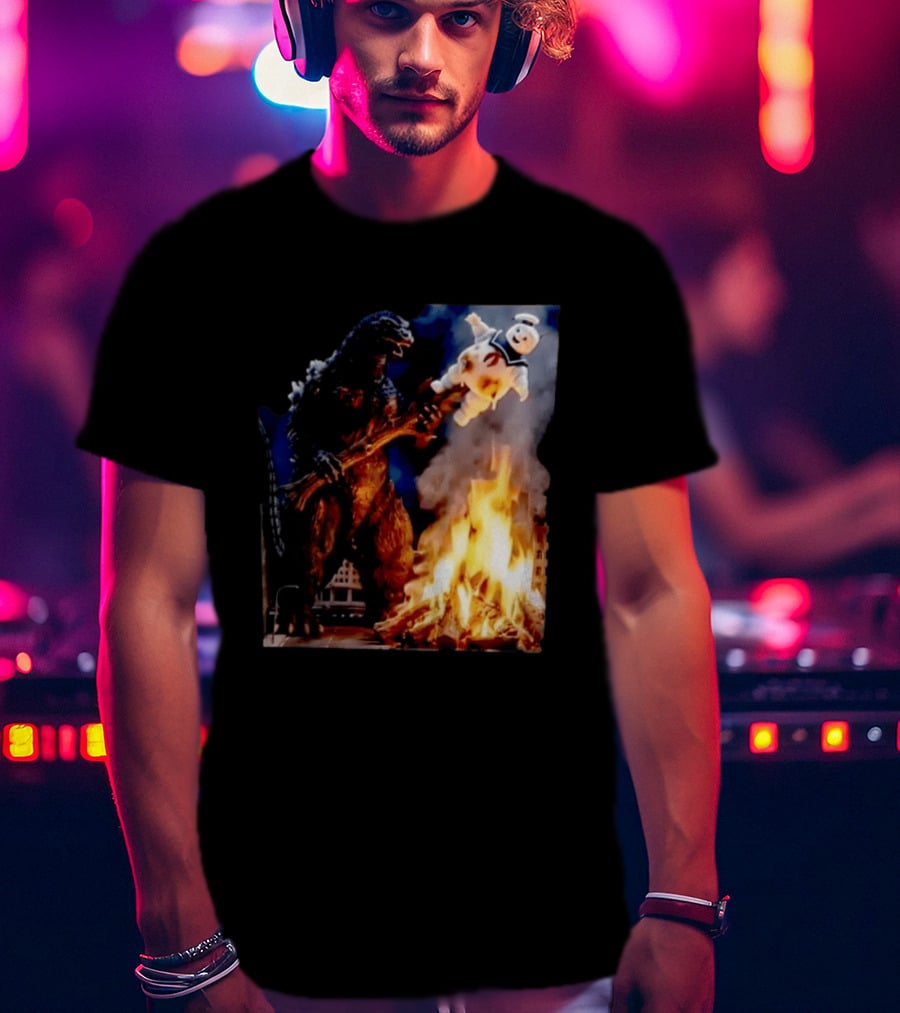 Kaiju Campfire Godzilla Holding Stay Puft Marshmallow Man T-Shirt