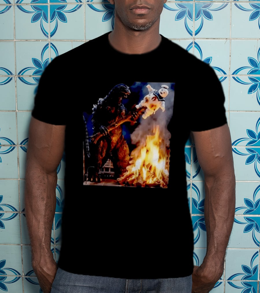 Kaiju Campfire Godzilla Holding Stay Puft Marshmallow Man T-Shirt