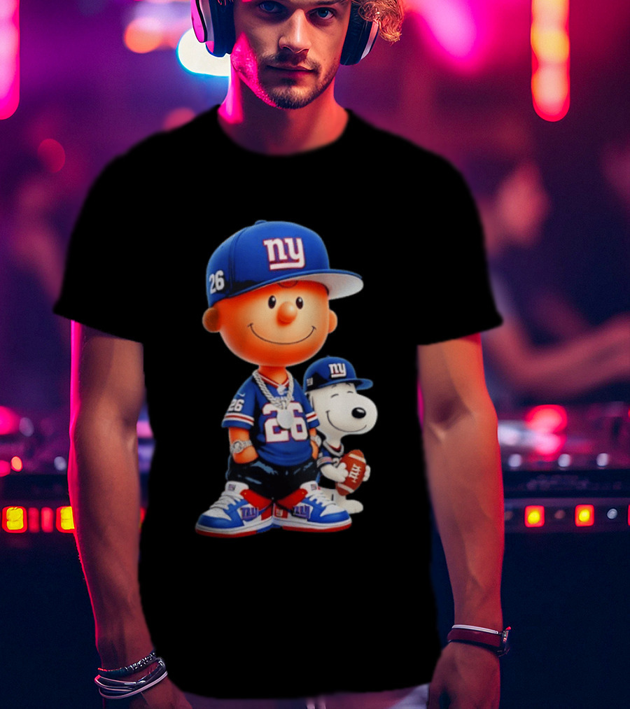 Peanuts Characters In New York Giants Team Sportswear T-Shirt
