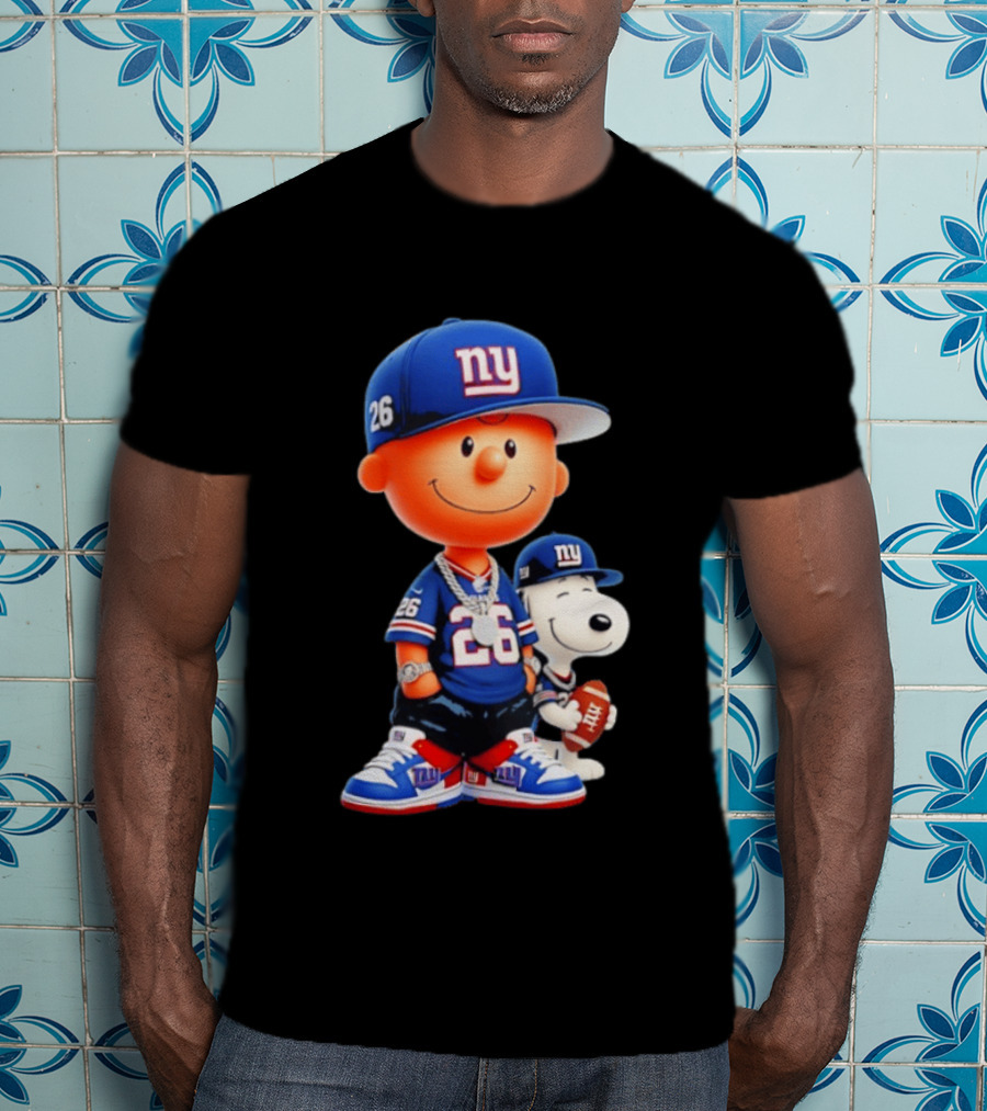 Peanuts Characters In New York Giants Team Sportswear T-Shirt
