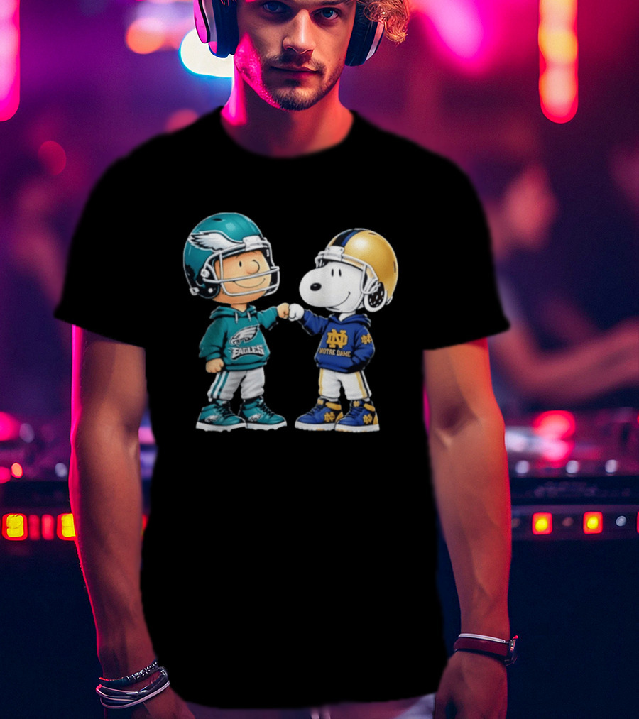 Peanuts Characters In Philadelphia Eagles Vs Notre Dame Fighting Irish Helmets T-Shirt