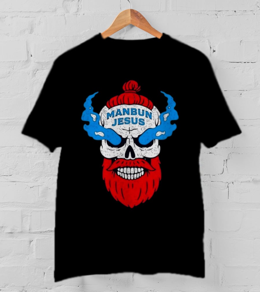 Manbun Jesus Skull Blue Flames Red Beard T-Shirt