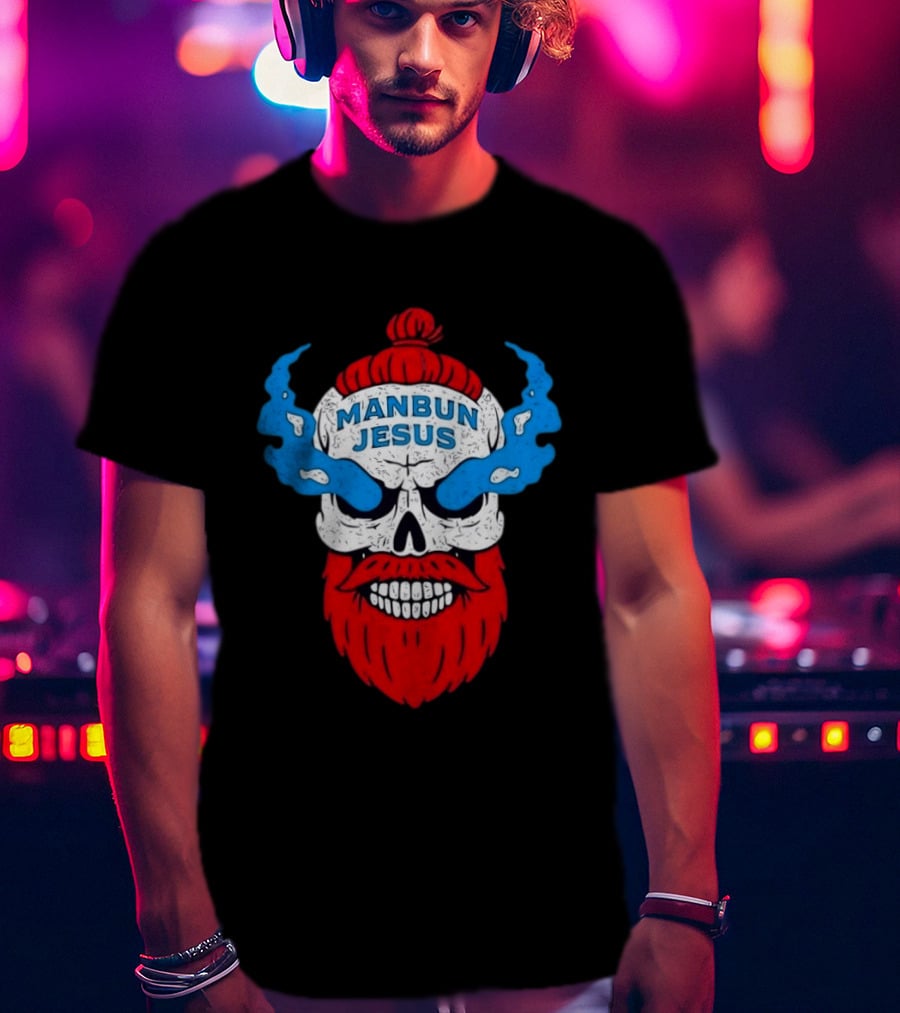 Manbun Jesus Skull Blue Flames Red Beard T-Shirt