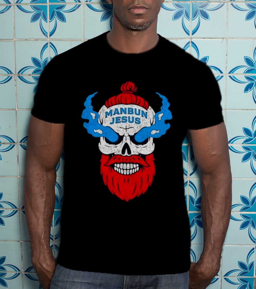 Manbun Jesus Skull Blue Flames Red Beard T-Shirt