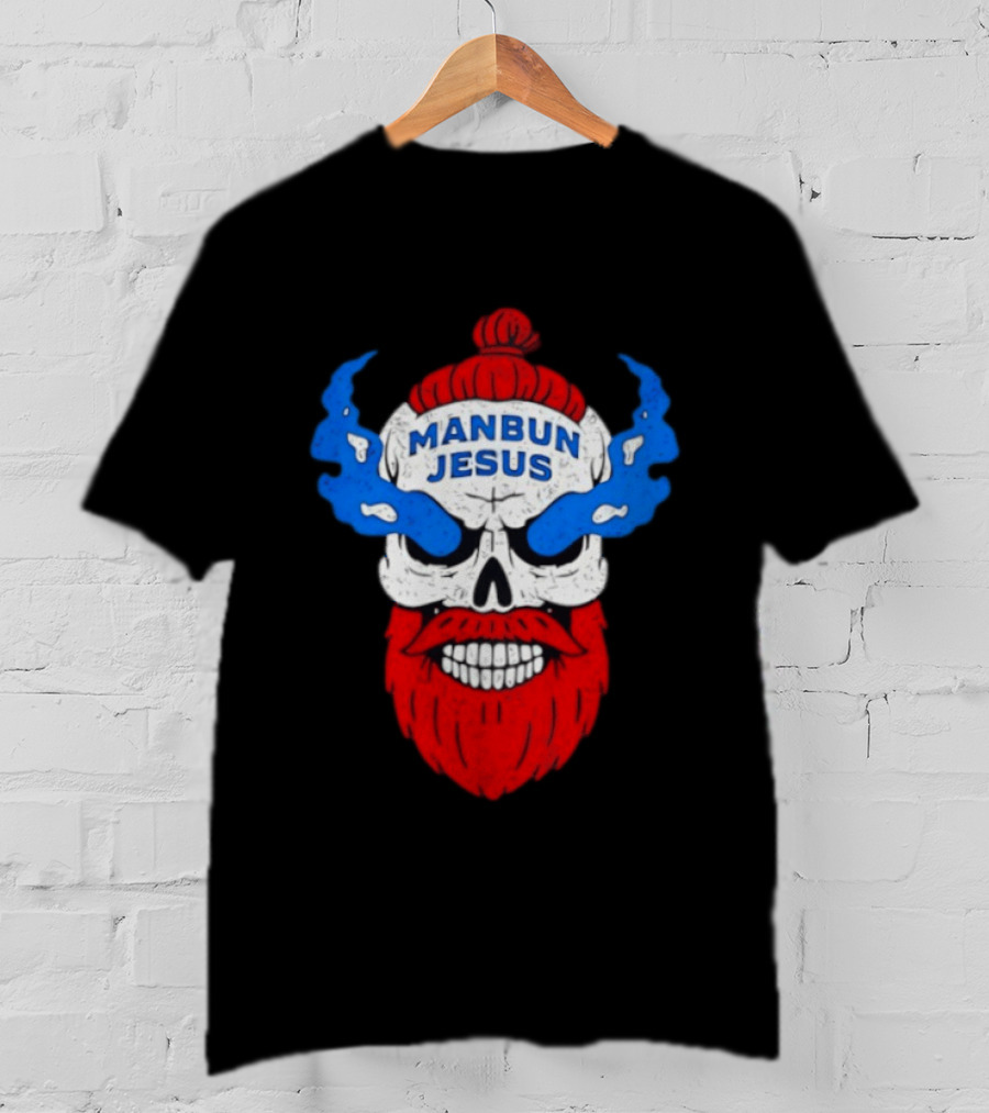 Manbun Jesus Skull Flame Beard Retro Stone Man Cold Bun T-Shirt