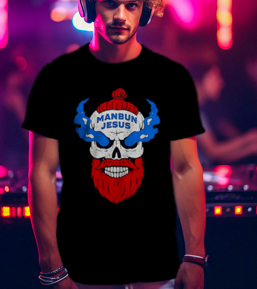 Manbun Jesus Skull Flame Beard Retro Stone Man Cold Bun T-Shirt