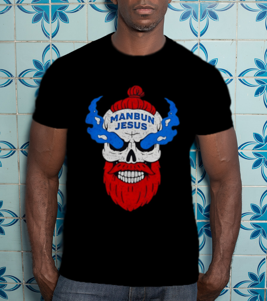 Manbun Jesus Skull Flame Beard Retro Stone Man Cold Bun T-Shirt