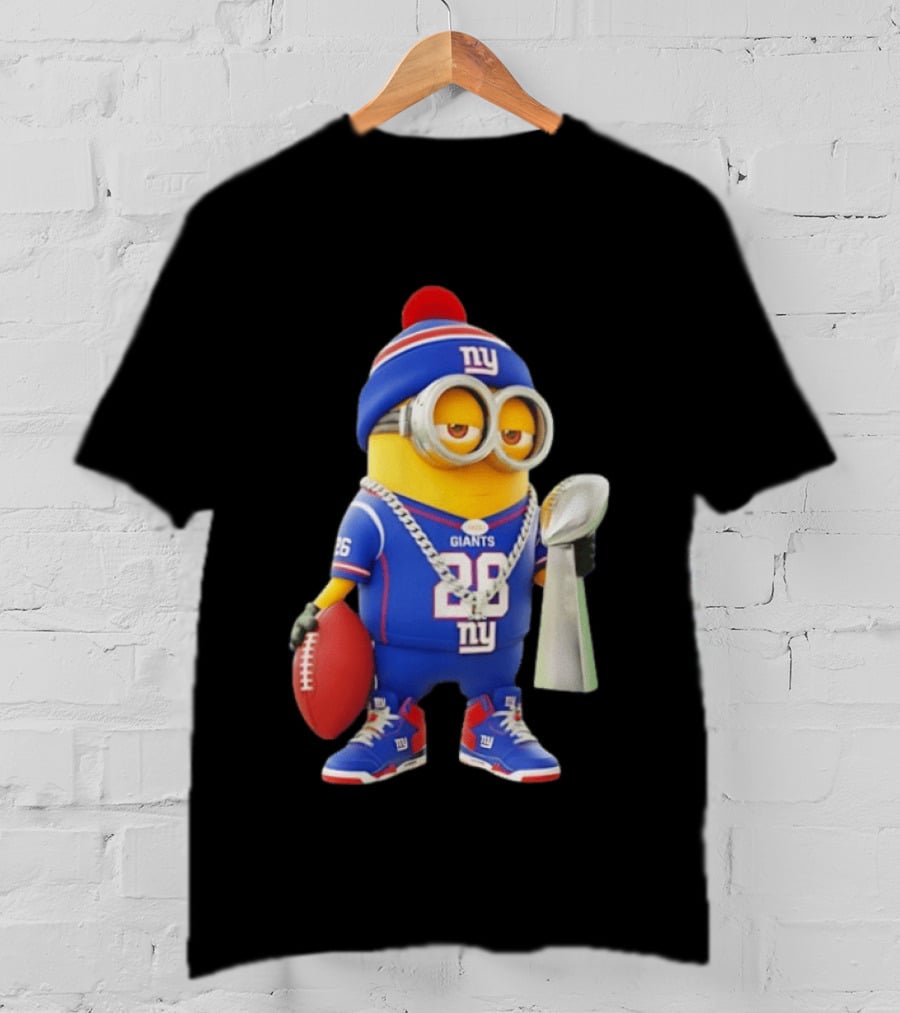 Minion In New York Giants Jersey With Football Trophy And Beanie T-Shirt