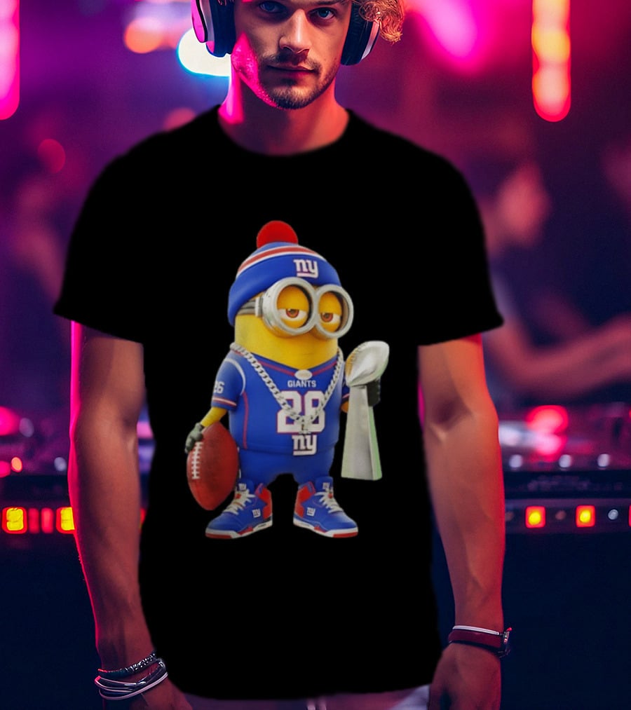 Minion In New York Giants Jersey With Football Trophy And Beanie T-Shirt